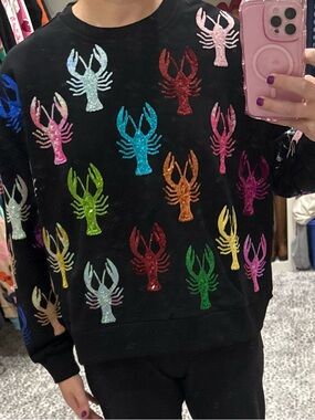 NWOT QOS Dupe! Black Crewneck Sweater with Multicolor Sequin crawfish
